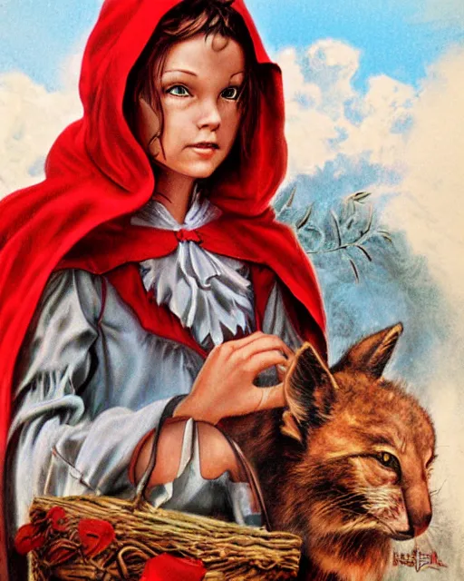 Image similar to little red riding hood, airbrush, drew struzan illustration art, key art, movie poster