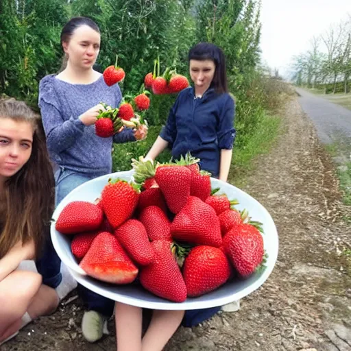 Prompt: hasbulla with flat face eat huge strawberries in the postsoviet suburbia