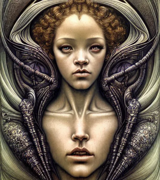 Image similar to detailed realistic beautiful young medieval alien robot rihanna face portrait by jean delville, gustave dore and marco mazzoni, art nouveau, symbolist, visionary, gothic, pre - raphaelite. horizontal symmetry by zdzisław beksinski, iris van herpen, raymond swanland and alphonse mucha. highly detailed, hyper - real, cyberpunk, fractal baroque