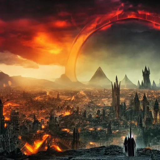 Image similar to mordor as a city, highly detailed, sharp focus, skyline, vast, gothic, lord of the rings, mount doom, 4 k, fantasy