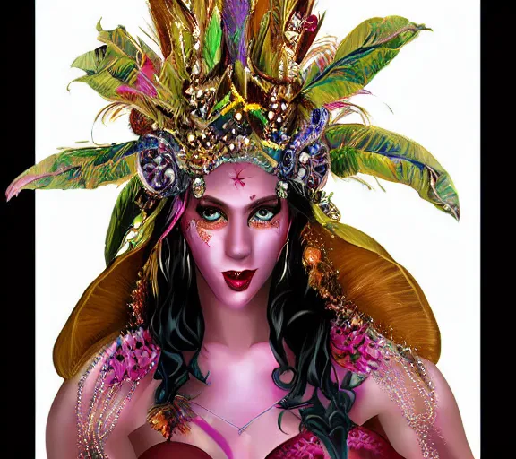 Prompt: beautiful female character inspired by new orleans mardi gras and florar headdress vampire bounty hunter | | digital artwork made by greg rutswork, anna dittmann and lois van barlee, symmetrical rim light, anatomically correct