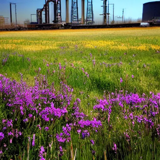 Prompt: a beautiful meadow in the middle of dirty industrial complex,