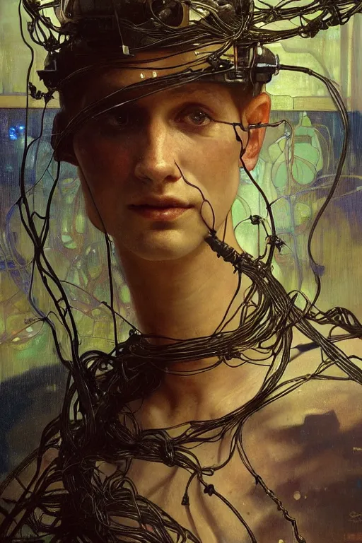 Image similar to hyperrealist portrait of a human with frog head dressed as a spaceship pilot, it is decorated with long wires that fall like vines and wears small computers over their body. by jeremy mann and alphonse mucha, fantasy art, photo realistic, dynamic lighting, artstation, poster, volumetric lighting, very detailed faces, 4 k, award winning