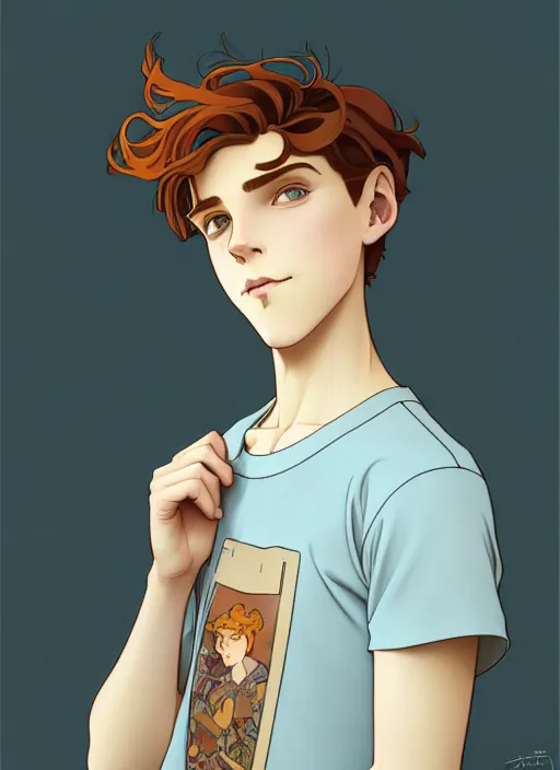 Image similar to art nouveau portrait of a teen boy with completely straight auburn hair, light blue eyes, pale skin, freckles, sad expression, t - shirt, modern casual clothing, natural lighting, path traced, highly detailed, high quality, cartoon, digital painting, by don bluth and ross tran and studio ghibli and alphonse mucha