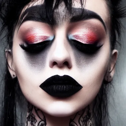 Prompt: goth, emo, pop makeup style, [ closeup ]!!, trending on unsplash, intricate, detailed