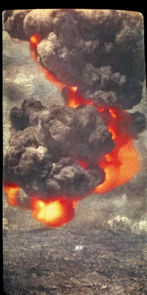 Image similar to a highly detailed and stunning autochrome photograph of the Nagasaki atomic bomb explosion, 8K