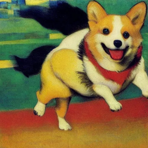 Prompt: a happy dancing corgi, painting by Franz Marc, by Jean-Léon Gérôme, by Winsor McCay, today's featured photograph, 16K