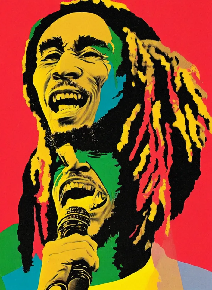Prompt: graphic design of bob marley singing by milton glaser and lilian roxon, detailed