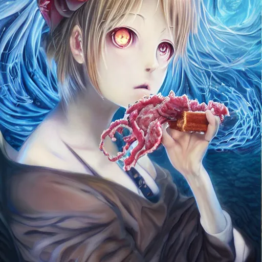 Image similar to big eyed shoggoth anime-girl smoking a cigarette hyperreality painting by amano yoshitaka, lilia alvarado 8k hd hyperdetailed deviantart shoggoth meat slime smoking a cigarette lovecraftian horror shoggoth