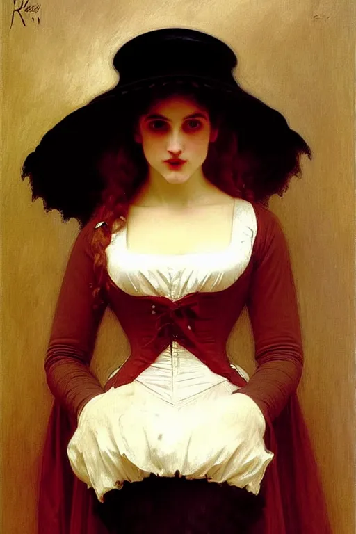 Image similar to victorian vampire in a big hat painting by rossetti bouguereau, detailed art, artstation