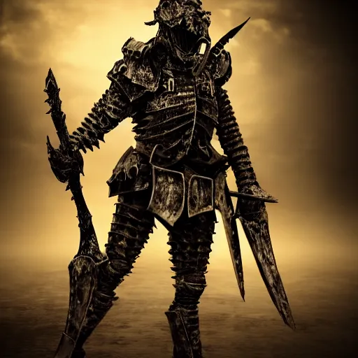Prompt: demonic knight in ribbed bone armour standing in a post apocalyptic New York , full body character, 4k high octane render, horror, high detail