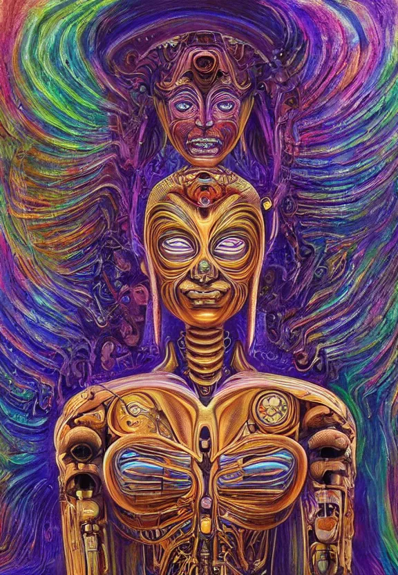 Image similar to perfectly centered portrait, front view of a beautiful biomechanical alien android robot buddha, female, flowing hair, intense stare, sarcastic smile, symmetrical, concept art, intricate detail, psychedelic colors, volumetric shadows and lighting, realistic oil painting by alex grey and h. r giger,