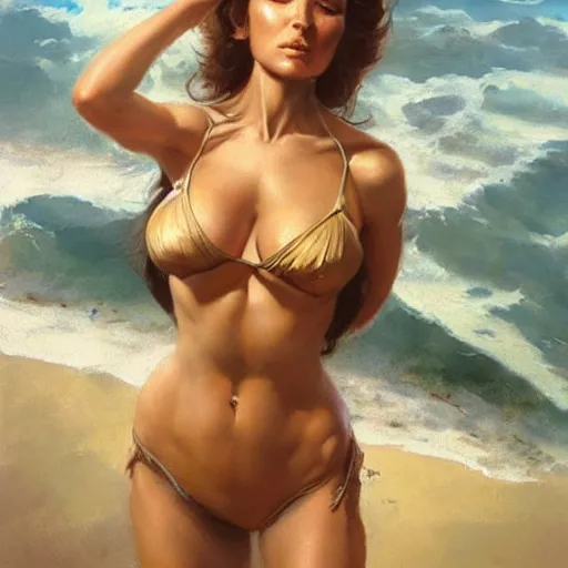 Prompt: A beautiful oil painting of a pretty old lady in a bikini by Lucas Graciano, Frank Frazetta, Greg Rutkowski, Boris Vallejo, epic, fantasy, character art, high fantasy