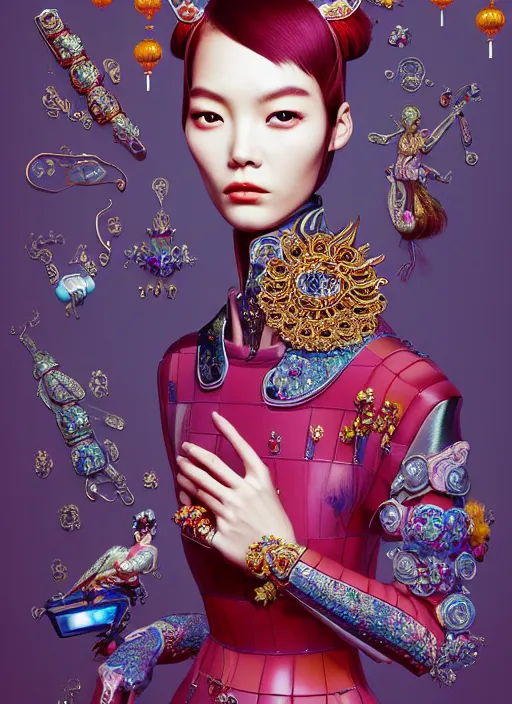 Image similar to pretty chinese model with futuristic diamonds and jewelry : : by martine johanna and simon stalenhag and chie yoshii and casey weldon and wlop : : ornate, dynamic, particulate, rich colors, intricate, elegant, highly detailed, vogue, harper's bazaar art, fashion magazine, smooth, sharp focus, 8 k, octane render,