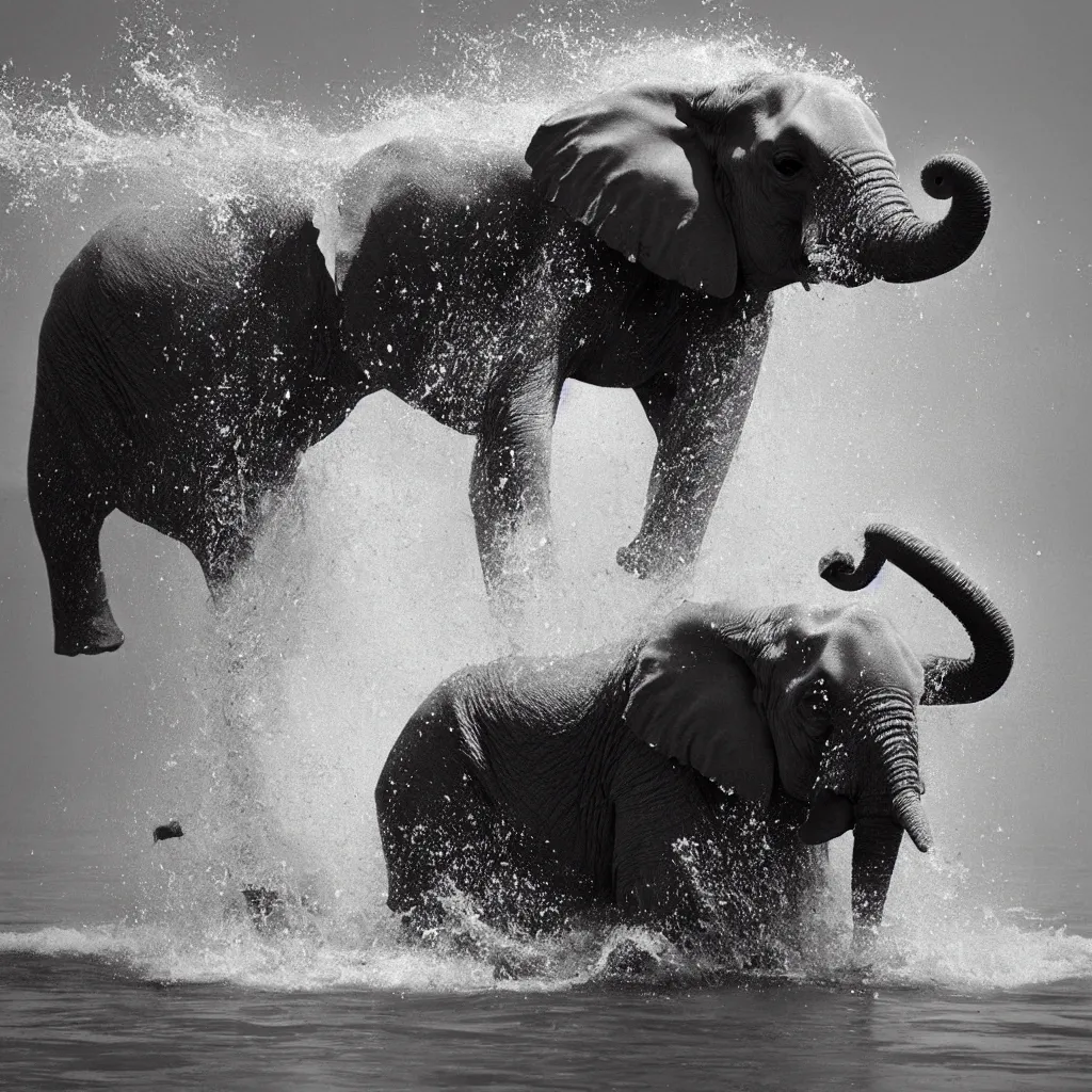 Image similar to “a black and white photo of an elephant splashing water by Maties Palau Ferré, featured on flickr, arabesque, national geographic photo, ilford hp5, majestic”