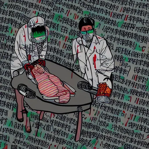 Image similar to chinese surgeons operating on a body on an operating table, in the style of daniel johnston and outsider art, 8k, line brush, minimal, overlaid with chinese adverts, acid