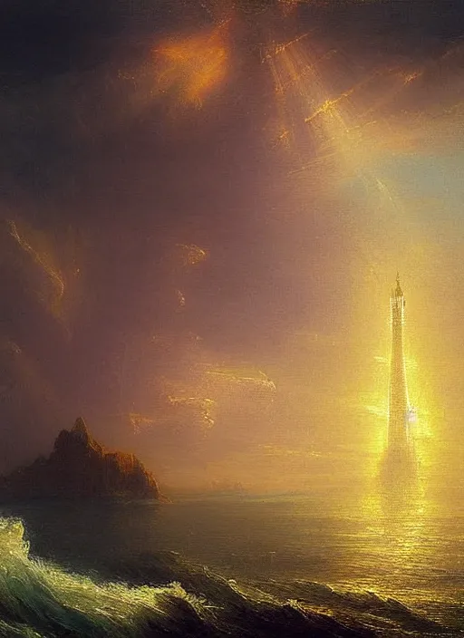 Image similar to a delicate sparkling gold fantasy tower splashes upwards from a turbulent ocean, dramatic lighting, rich colors, sunlight shimmering off the tower and the water and the spray, beautiful painting by Thomas Cole