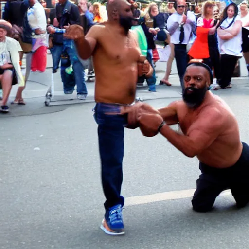 Image similar to mr. t street performer body slamming old man, detailed facial expressions