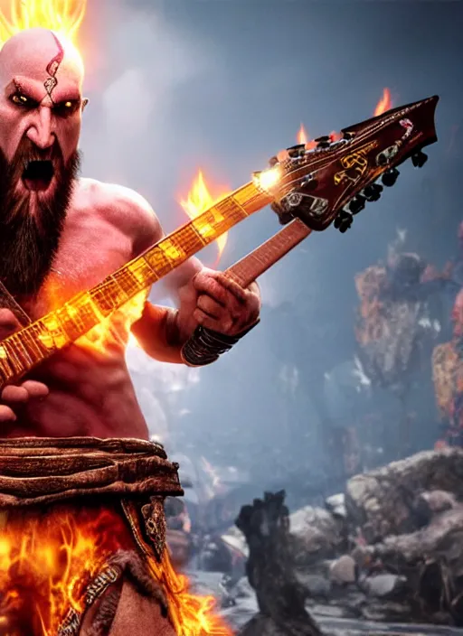 Image similar to screaming kratos rocking out on a flaming stratocaster guitar, cinematic render, god of war 2 0 1 8, playstation studios official media, lightning, flames, left eye stripe, left eye stripe, left eye stripe, left eye stripe, clear, coherent