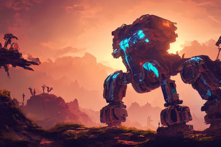 Image similar to rockbreaker machine mecanical creature robot of horizon forbidden west horizon zero dawn radiating a glowing aura global illumination ray tracing hdr fanart arstation by ian pesty and alena aenami artworks in 4 k