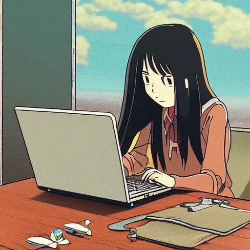 Prompt: guy with long black hair using a laptop, tan skin, looking down, art by hayao miyazaki, studio ghibli film, twitter pfp