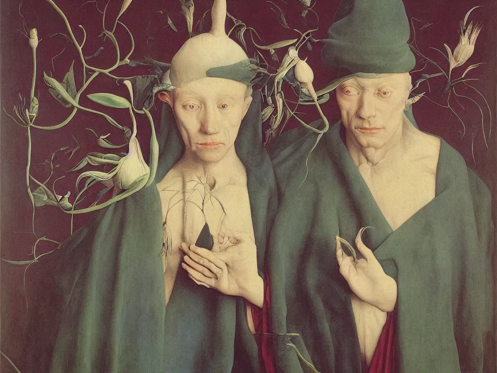 Image similar to Portrait of albino mystic with blue eyes, with beautiful exotic plant seed. Painting by Jan van Eyck, Audubon, Rene Magritte, Agnes Pelton, Max Ernst, Walton Ford