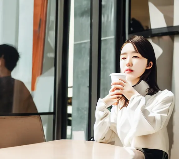 Prompt: stunning young adult korean woman in a coffee shop wearing low poly, glossy white armor, magazine photo, 5 0 mm