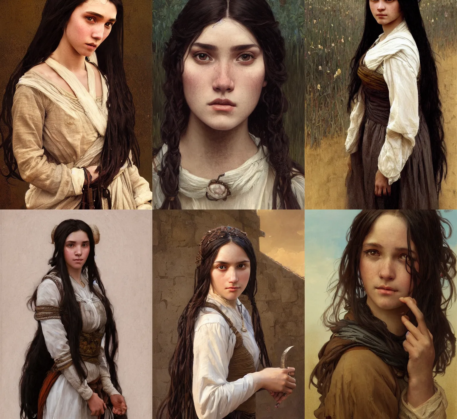 Prompt: medium-length portrait of a 20-year-old female peasant with long black hair and brown eyes, white skin, confused expression, medieval setting, highly detailed, digital painting, artstation, concept art, sharp focus, illustration, art by greg rutkowski and alphonse mucha