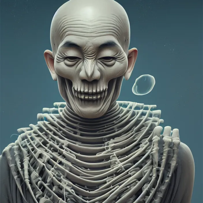 Image similar to portrait of Buddhist Monk as skeleton. intricate abstract. intricate artwork. by Tooth Wu, wlop, beeple, dan mumford. octane render, trending on artstation, greg rutkowski very coherent symmetrical artwork. cinematic, hyper realism, high detail, octane render, 8k, iridescent accents