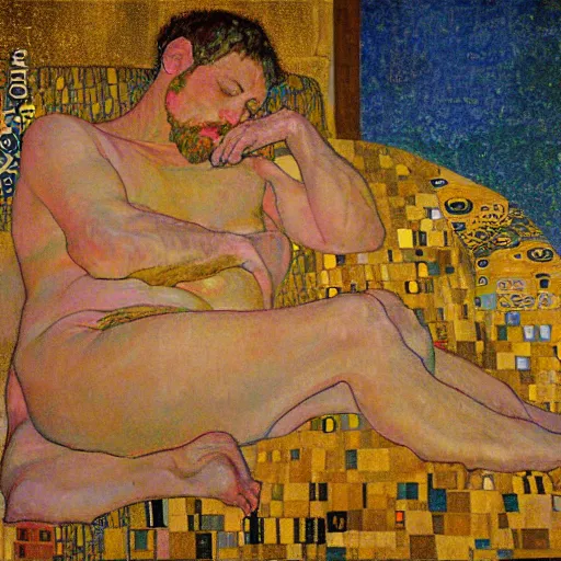 Image similar to a man laying in the sun, full body, Gustav Klimt painting