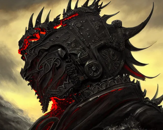 Prompt: realistic side view painting of the king of the mountain, angry, black iron armour, sword, lava, dramatic lighting, intricate, wild, highly detailed, digital painting, artstation, concept art, smooth, sharp focus, illustration