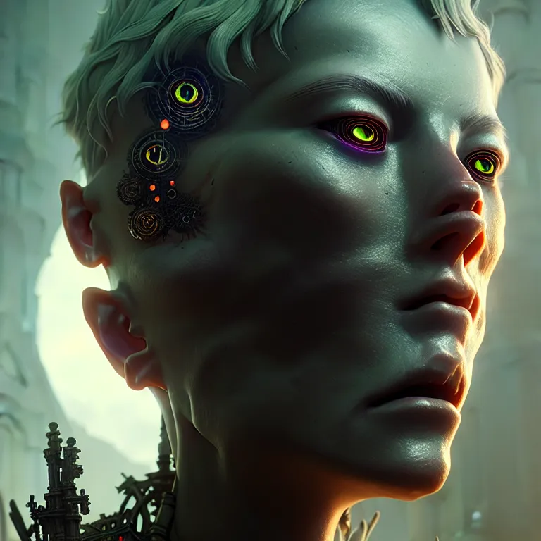 Image similar to ultra realistic beautiful cyborg deity eyes closed, fantasy, intricate details, movie still, highly detailed, photorealistic, octane render, eerie, 8k, art by james clyne and greg rutkowski and michael welan