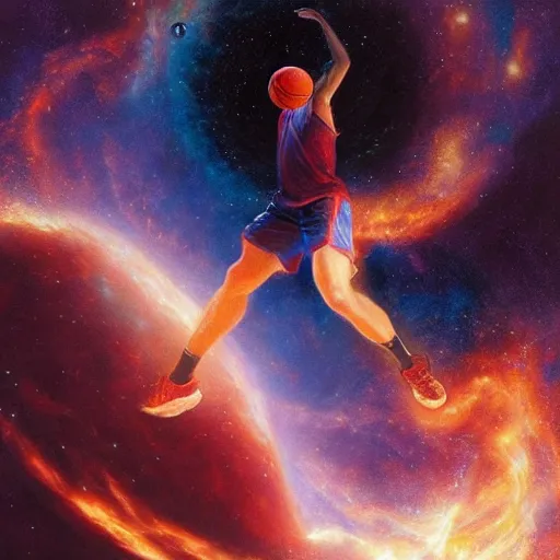 Image similar to cosmic basketball player dunking a basketball hoop in a nebula, an oil painting, by ( leonardo da vinci ) and greg rutkowski and rafal olbinski and ross tran, award - winning magazine cover