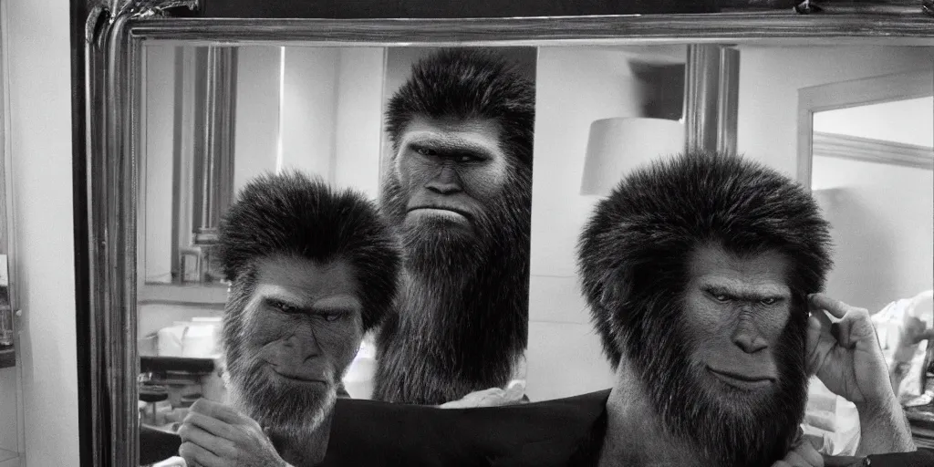 Prompt: ultra wide angle photo of alec baldwin dressed as blake, from glengarry glenn ross, looking at himself in a bathroom mirror and seeing his reflection as a hairy australopithecines like ape version of himself