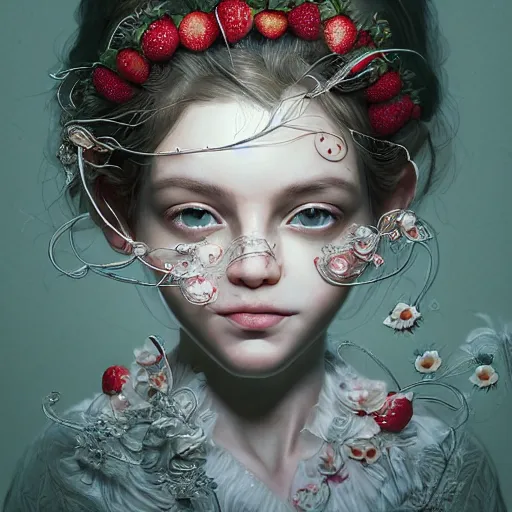 Image similar to the portrait of an absurdly beautiful, graceful, elegant, sophisticated, fashionable little girl made of strawberries and white petals looking down, an ultrafine hyperdetailed illustration by kim jung gi, irakli nadar, intricate linework, bright colors, octopath traveler, final fantasy, unreal engine 5 highly rendered, global illumination, radiant light, detailed and intricate environment