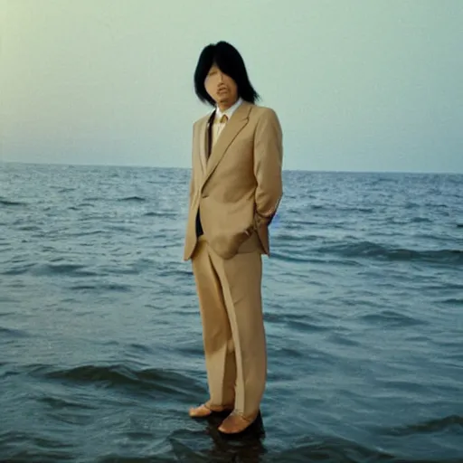 Prompt: japanese man with long hair wearing a beige suit and black pants standing in the ocean, facing the camera, sunset, night, wide shot, ((tatsuro yamashita)), album cover, 1980s japan, grammy award winning