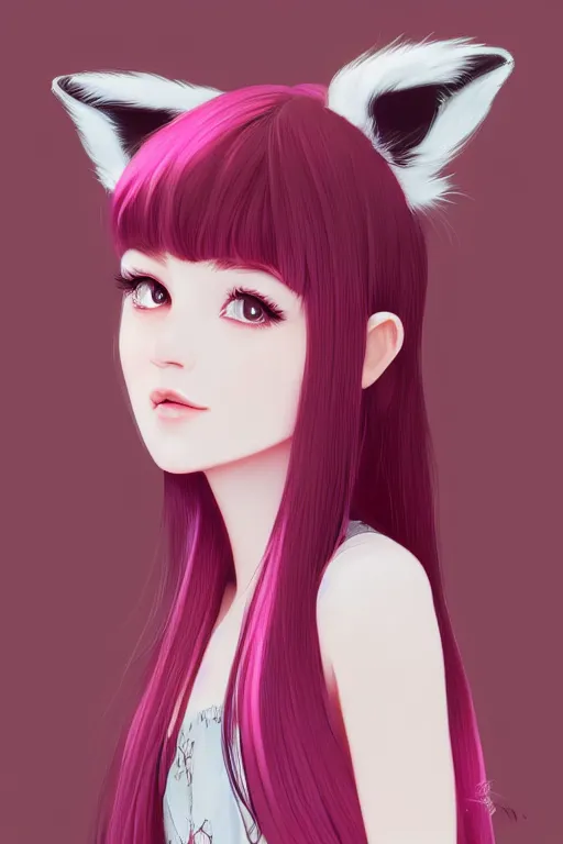 Prompt: centered detailed portrait of a beautiful shy woman with medium fuschia hair and fox ears, by Ilya Kuvshinov