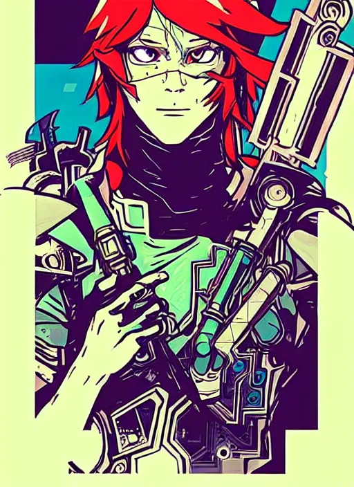 Image similar to cyberpunk link from zelda!! cyborg portrait illustration, pop art, splash painting, art by geof darrow, ashley wood, alphonse mucha, makoto shinkai