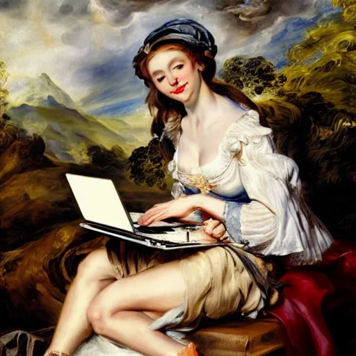 Image similar to heavenly summer sharp land sphere scallop well dressed lady working on her laptop auslese, by peter paul rubens and eugene delacroix and karol bak, hyperrealism, digital illustration, fauvist, looking at her imac laptop