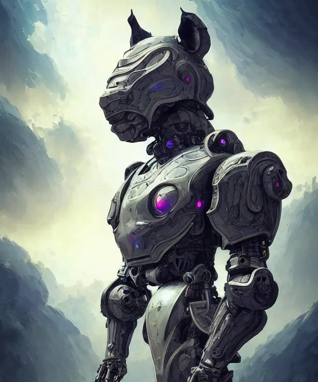 Image similar to an anthropomorphic rhinoceros portrait wearing a sci fi armor, surrealism , scifi, intricate mecha armor, elegant, highly detailed cybernetic body armor, neon glowing eyes, digital painting, artstation, concept art, smooth, sharp focus, illustration, art by Artgerm and moebius and Peter Mohrbacher,