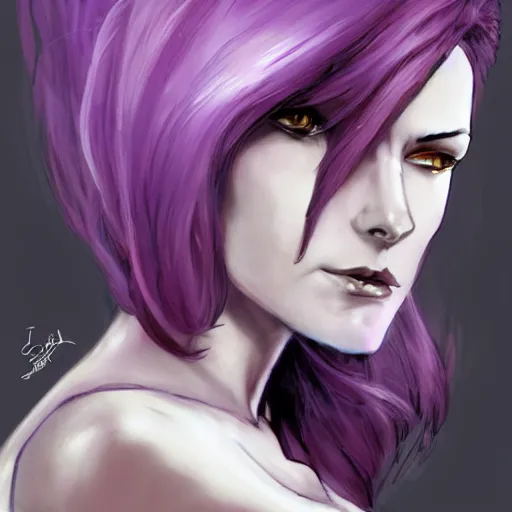 Image similar to pale woman with flowing purple hair in rusted sci - fi power armor, high detail, stoic, elegant, by stjepan sejic, sunstone