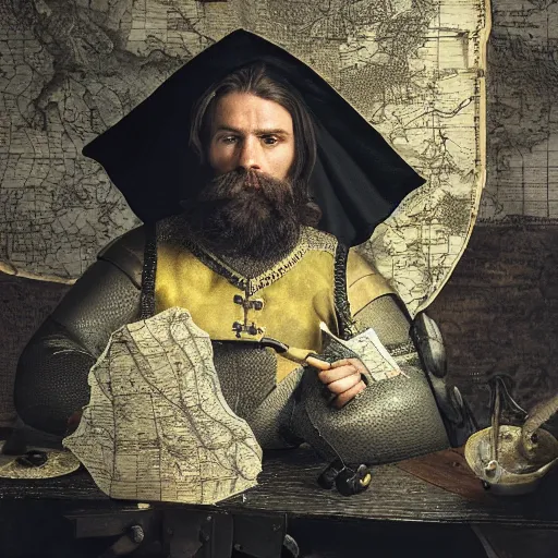 Image similar to Closeup of frustrated and acerbic male medieval sergeant with a {short} beard wearing a {black and yellow tabard} over a steel breastplate and a black gambeson looking up from a map on a table, intricate, dramatic lighting illustration by Greg Rutkowski, {perfect face}, {perfect eyes}, fantasy
