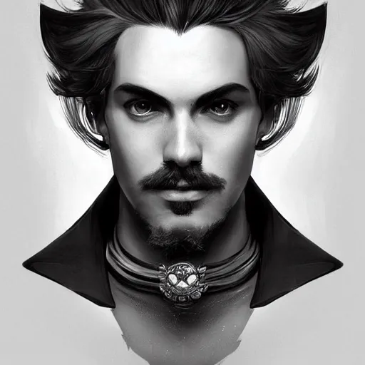 Image similar to portrait of Mario, elegant, intricate, headshot, highly detailed, digital painting,black and white, artstation, concept art, sharp focus, illustration, art by artgerm and greg rutkowski and alphonse mucha