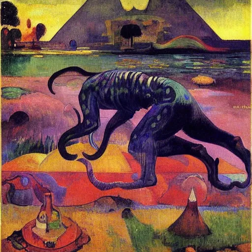 Prompt: floating psychedlic eldritch stream pyramid jaguar bottle feather lambrusco, by paul gauguin and edouard manet and karol bak, renaissance painting, cyberpunk, child's drawing