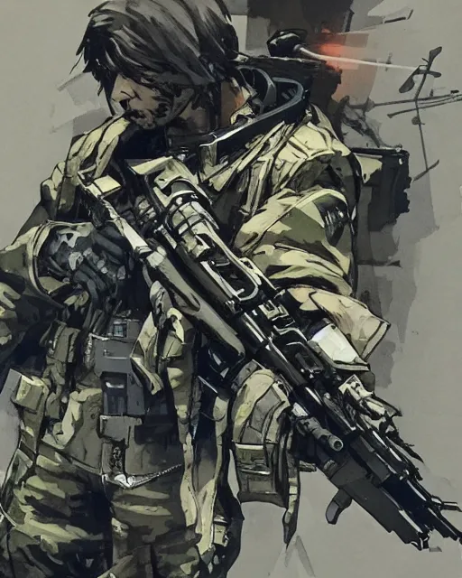 Image similar to a soldier wielding a machine gun, concept art, artstation, trending, highly detailed, smooth, focus, art by yoji shinkawa