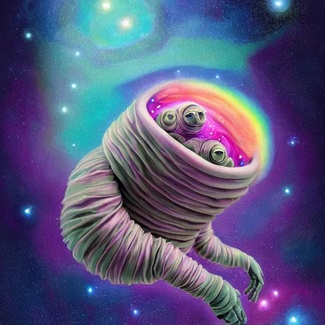 Image similar to a highly detailed tardigrade, it has rainbow hair and a beautiful unconventional face, floating through deep space, elegant, hyperrealistic, digital painting, artstation, realism, concept art, pop, smooth, mythological, sharp focus, qualia, illustration, art by mark ryden 3 d 8 k ultra detailed