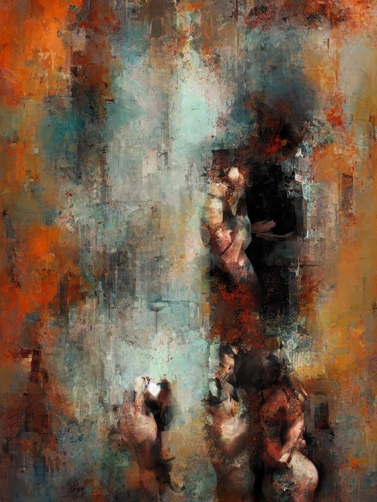 Image similar to a beautiful painting by nick runge of a couple in front of a mirror in a glitched bathroom, metal rust and plaster materials, pixel sorting, color bleeding, brushstrokes by jeremy mann