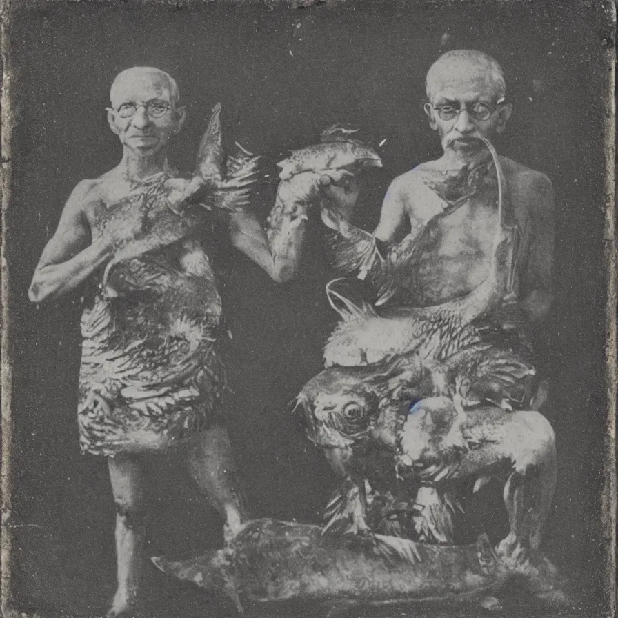 Prompt: “a daguerreotype of a cyborg Gandhi holding a large fish ”