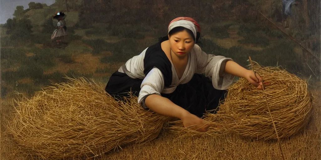 Image similar to beautiful oil matte portrait painting, vietnamese woman of an elevated rice field tending to her work, wonderful masterpiece highly detailed, beautiful cinematic light deep focus, elegant, digital painting, smooth, sharp focus, golden ratio, dramatic illumination, ultra realistic, 8 k, art by artemisia lomi gentileschi and caravaggio