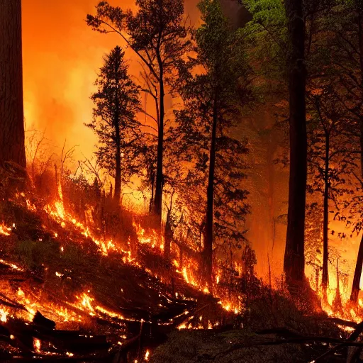 Prompt: forest burning down with river passing through it night fire realistic